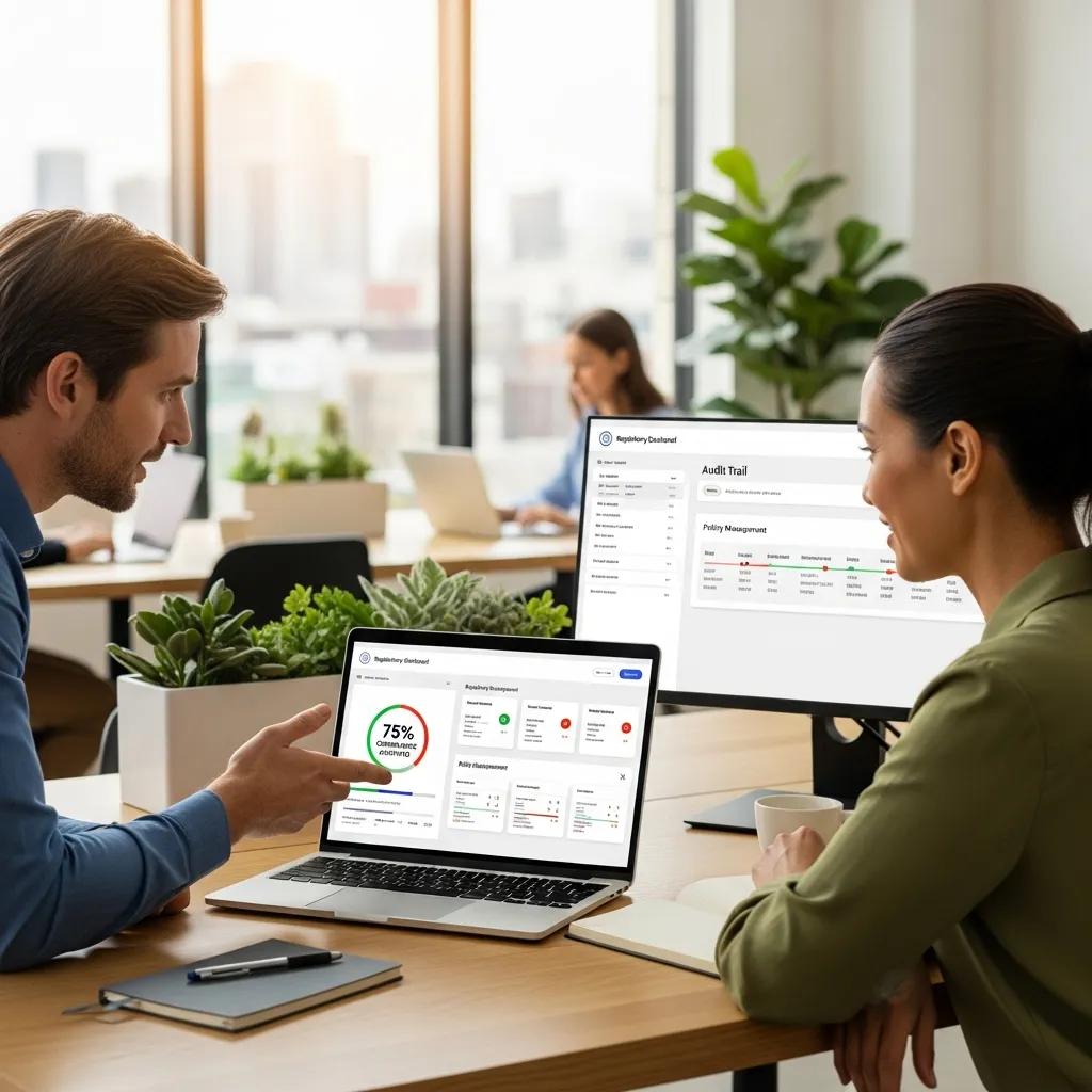 Technology consultant demonstrating compliance management software to a business owner