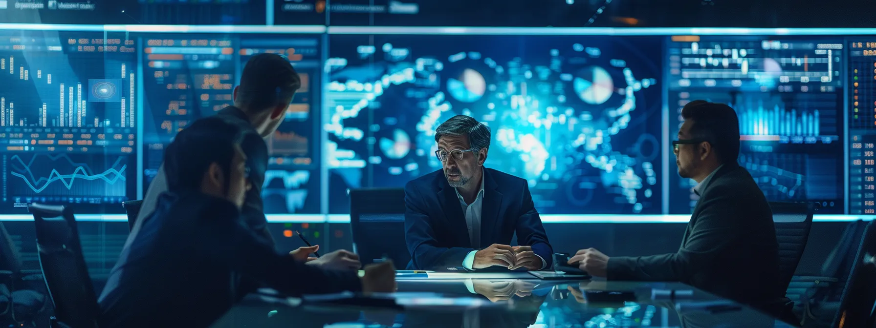 a group of business professionals surrounded by screens displaying ai-enhanced search results and graphs, engaged in a lively discussion.