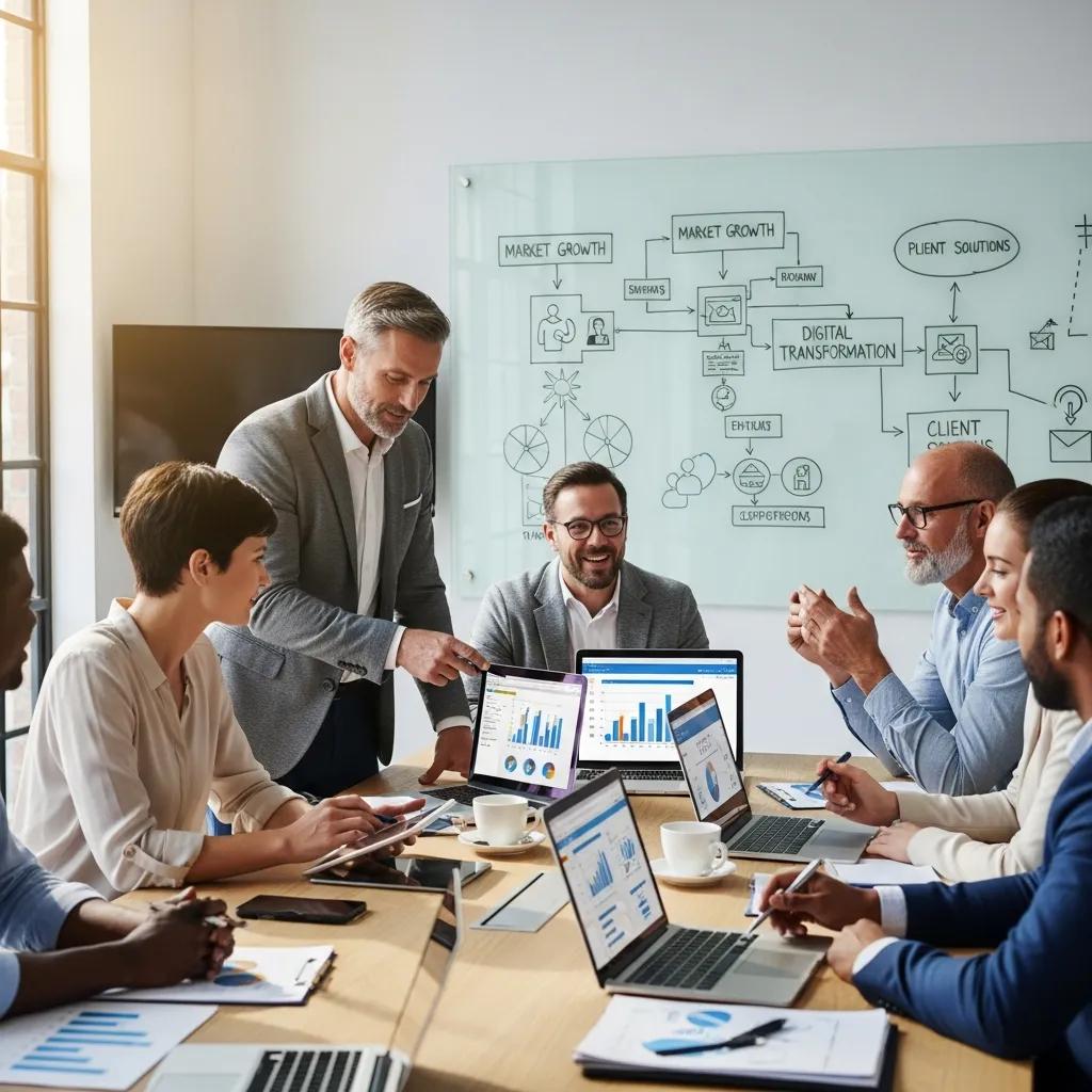 Diverse small business owners collaborating on strategic consulting in a modern office