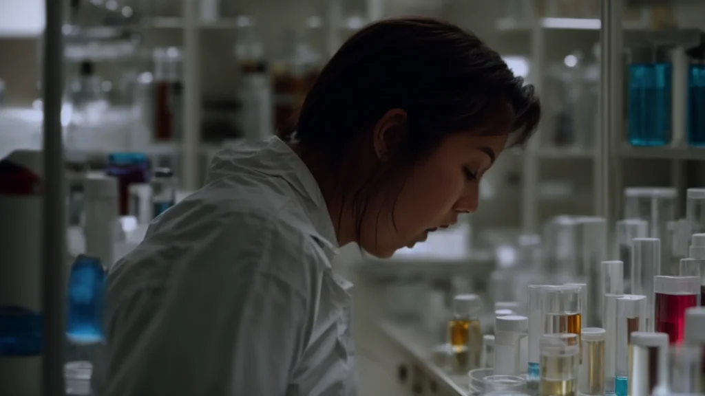 a researcher examines vials within a brightly lit laboratory, reflecting on the potential of cagrilintide.